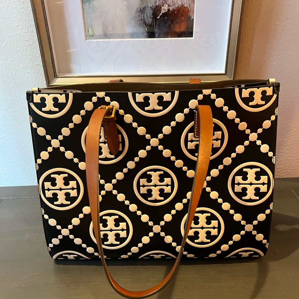 Tory Burch Black and White Monogram Embossed Tote